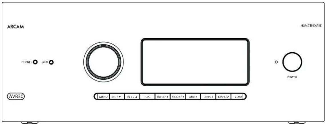 ARCAM HOMETHATRE PHONES AUX AVR30 MENU IN-/- IN+/- OK INTO/ < MODE/ > MUTE DIRECT DISPLAY ZONE POWER