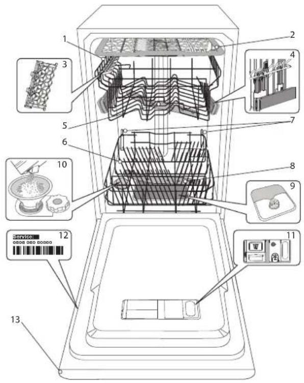 Technical diagram of a refrigerator interior with numbered components and labeled parts, including a barcode and control panel.