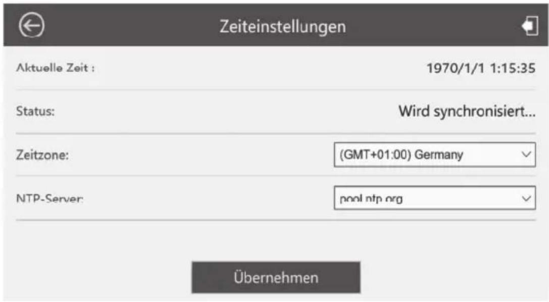 Zeiteinstellungen Aktuelle Zeit : 1970/1/1 1:15:35 Status: Wird synchronisiert... Zeitzone: (GMT+01:00) Germany NTP-Server: pool ntp.org Übernehmen