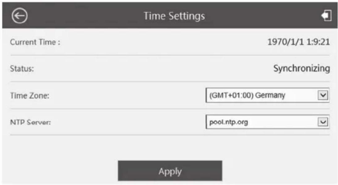 Time Settings Current Time : 1970/1/1 1:9:21 Status: Synchronizing Time Zone: (GMT+01:00) Germany NTP Server: pool.ntp.org Apply