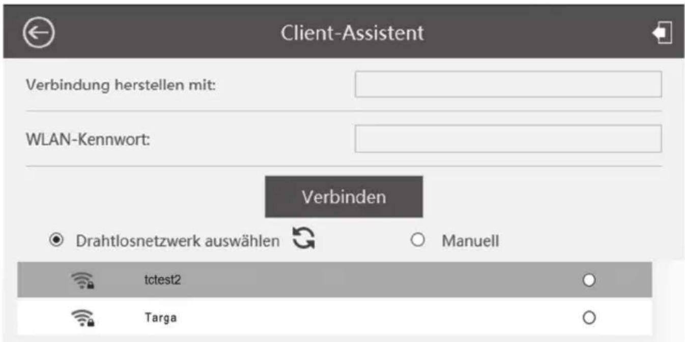 Client-Assistent Verbindung herstellen mit: WLAN-Kennwort: Verbinden Drahtlosnetzwerk auswählen Manuell tctest2 Targa