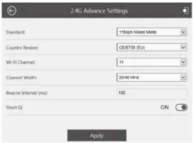 2.4G Advance Settings Standard: 11bigin Mixed Mode Country Region: CE/ETSI (EU) Wi-Fi Channel: 11 Channel Width: 20/40 MHz Beacon Interval (ms): 100 Short GI ON Apply