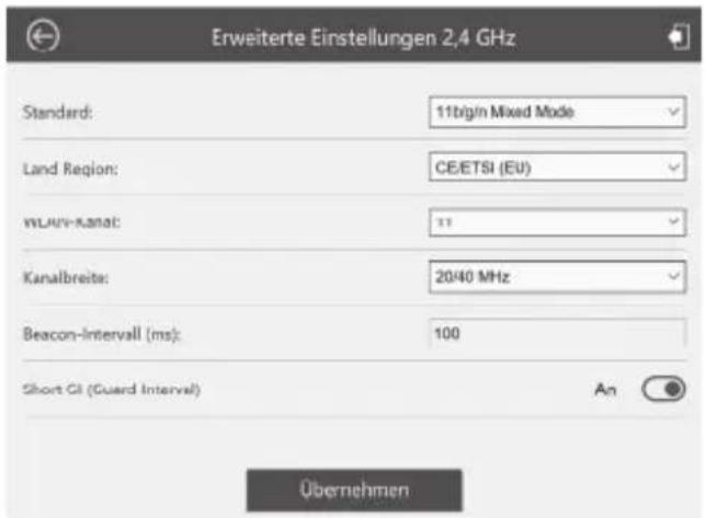Erweiterte Einstellungen 2,4 GHz Standard: 11bigin Mixed Mode Land Region: CE/ETSI (EU) WUUN-Kanal: 11 Kanalbreite: 20/40 MHz Beacon-Intervall (ms): 100 Short CI (Guard Interval) An Übernehmen