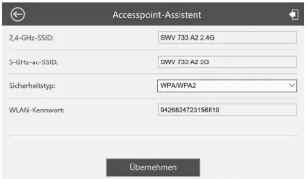 Accesspoint-Assistent 2,4-GHz-SSID: SWV 733 A2 2.4G 5-GHz-ac-SSID: SWV 733 A2 5G Sicherheitstyp: WPA/WPA2 WLAN-Kennwort: 9426824723156819 Übernehmen