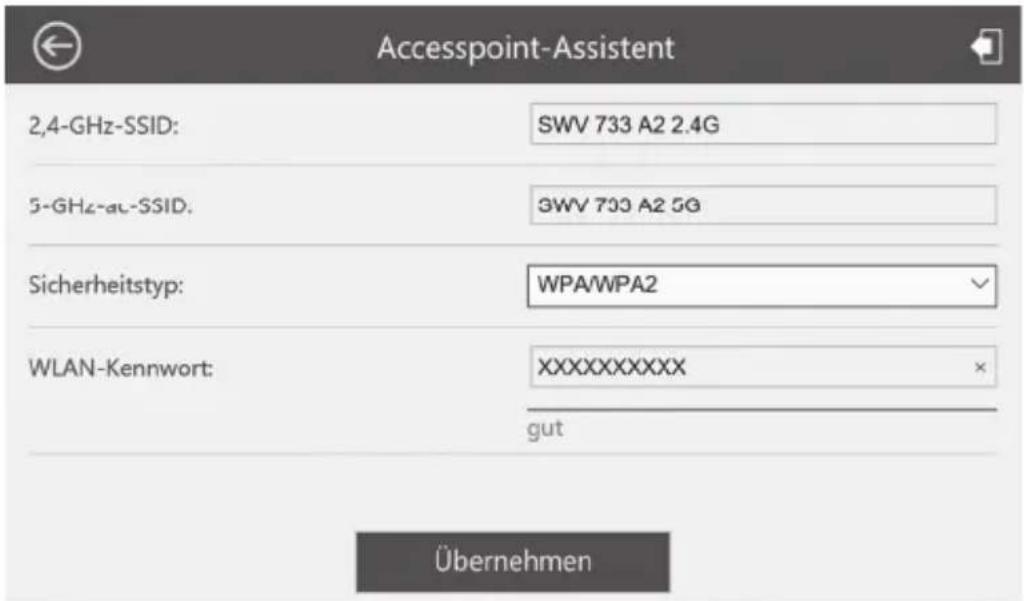 Accesspoint-Assistent 2,4-GHz-SSID: SWV 733 A2 2.4G 5-GHz-ac-SSID: SWV 733 A2 5G Sicherheitstyp: WPA/WPA2 WLAN-Kennwort: XXXXXXXXXXXX gut Übernehmen