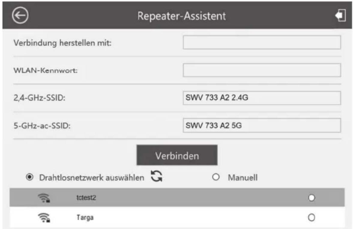 Repeater-Assistent Verbindung herstellen mit: WLAN-Kennwort: 2,4-GHz-SSID: SWV 733 A2 2.4G 5-GHz-ac-SSID: SWV 733 A2 5G Verbinden Drahtlosnetzwerk auswählen Manuell tctest2 Targa