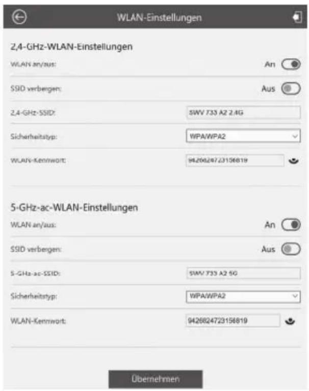 WLAN-Einstellungen 2,4-GHz-WLAN-Einstellungen WLAN an/aus: An SSID verbergen: Aus 2,4-GHz-SSID: SWV 733 A2 2.4G Sicherheitstyp: WPA/WPA2 WLAN-Kennwort: 9426824723156819 5-GHz-ac-WLAN-Einstellungen WLAN an/aus: An SSID verbergen: Aus 5-GHz-ac-SSID: SWV 733 A2 5G Sicherheitstyp: WPA/WPA2 WLAN-Kennwort: 9426824723156819 Übernehmen