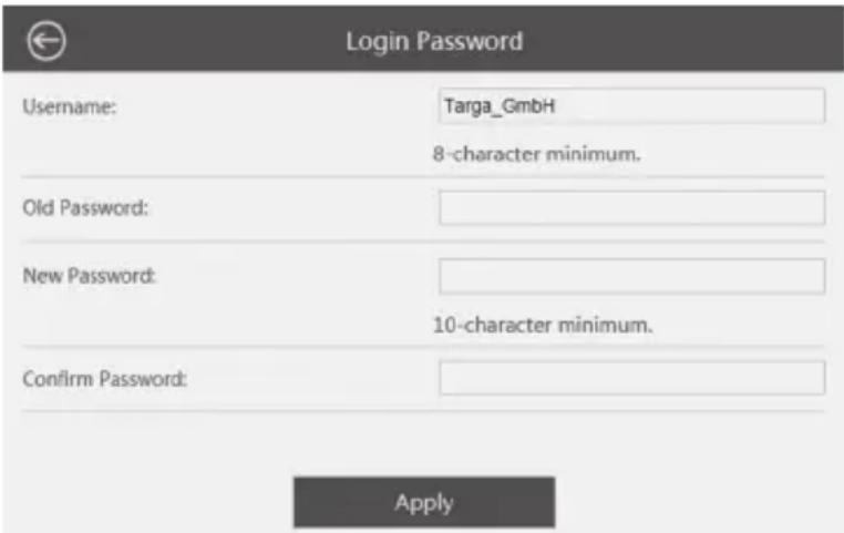 Login Password Username: Targa_GmbH 8-character minimum. Old Password: New Password: 10-character minimum. Confirm Password: Apply