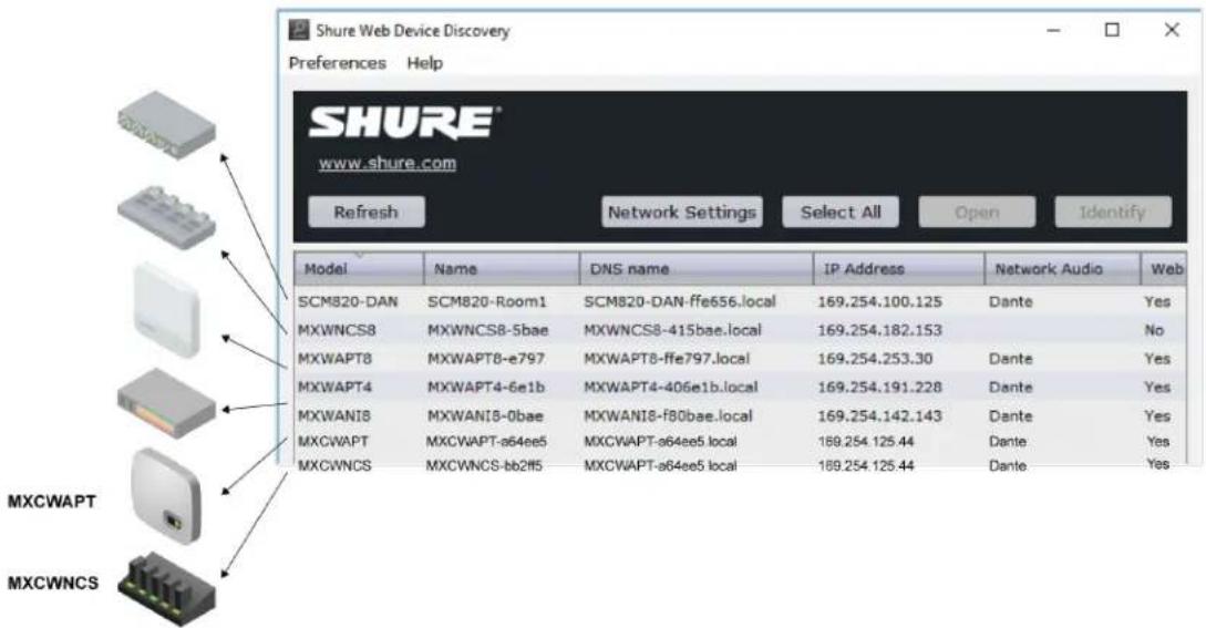 Shure Web Device Discovery Preferences Help SHURE® www.shure.com Refresh Network Settings Select All Open Identify Model Name DNS name IP Address Network Audio Web SCM820-DAN SCM820-Room1 SCM820-DAN-ffe656.local 169.254.100.125 Dante Yes MXWNCS8 MXWNCS8-5bae MXWNCS8-415bae.local 169.254.182.153 No MXWAPT8 MXWAPT8-e797 MXWAPT8-ffe797.local 169.254.253.30 Dante Yes MXWAPT4 MXWAPT4-6e1b MXWAPT4-406e1b.local 169.254.191.228 Dante Yes MXWANI8 MXWANI8-0bae MXWANI8-f80bae.local 169.254.142.143 Dante Yes MXCWAPT MXCWAPT-s64ee5 MXCWAPT-s64ee5 local 169.254.125.44 Dante Yes MXCWNCS MXCWNCS-bb2ff5 MXCWAPT-s64ee5 local 169.254.125.44 Dante Yes MXCWAPT MXCWNCS