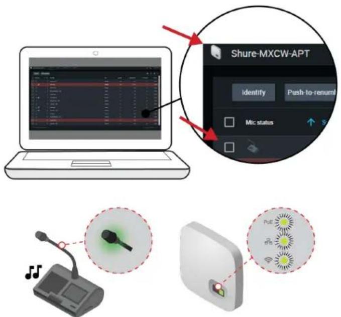 Shure-MXCW-APT Identify Push-to-renuml Mic status ↑ S Music Audio