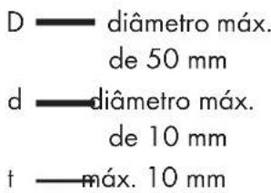 D — diâmetro máx. de 50 mm d — diâmetro máx. de 10 mm t — máx. 10 mm