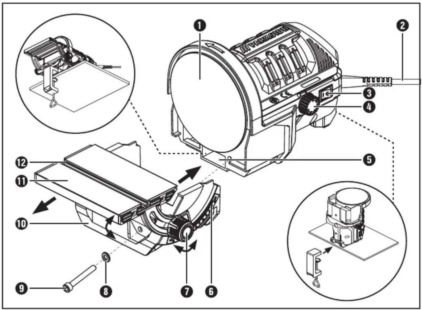 Technical diagram of a mechanical device with numbered components and exploded views, including assembly steps and component callouts.