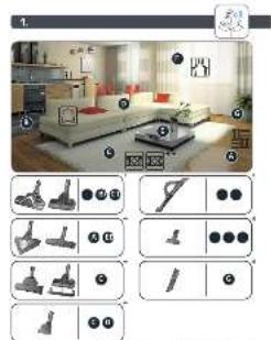 Game interface screenshot showing a 3D-rendered living room with furniture and numbered UI elements for selection.