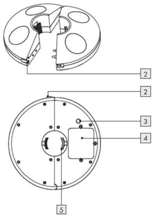 Technical diagram of a mechanical assembly with numbered components and cross-sectional views