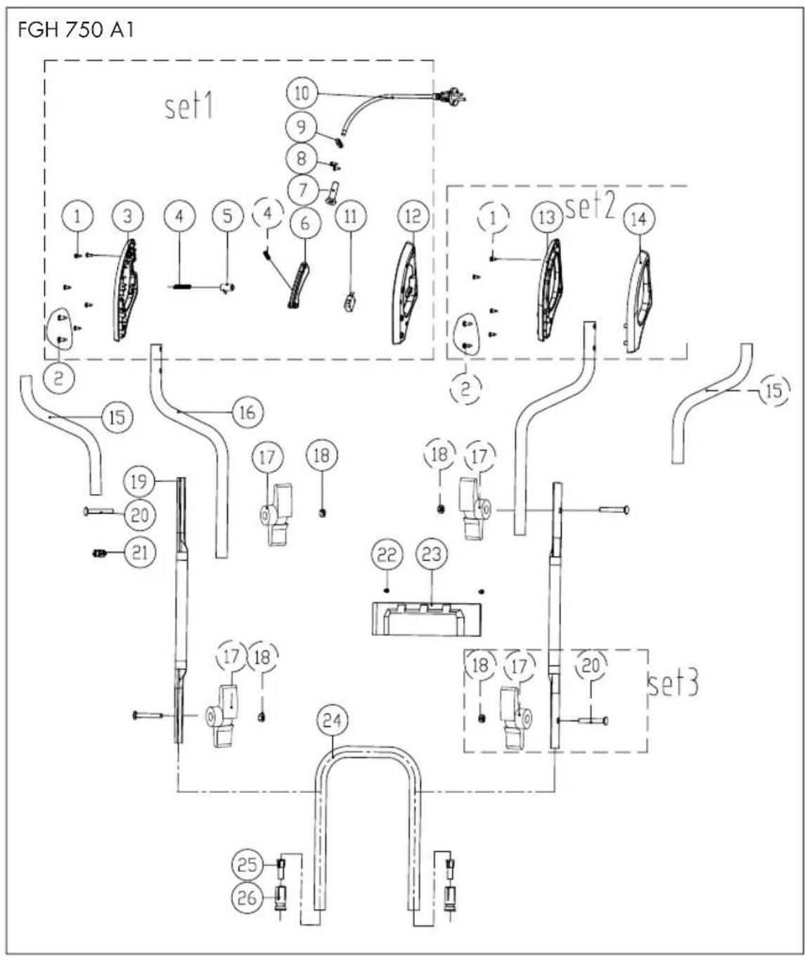 FGH 750 A1 set1 1 3 4 5 4 6 11 12 10 9 8 7 1 set2 14 2 15 16 17 18 19 20 21 24 25 26 18 17 20 22 23 18 17 set3