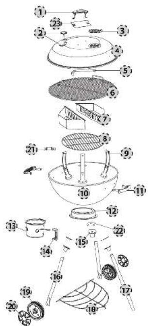 Exploded diagram of a kitchen appliance with numbered parts for identification