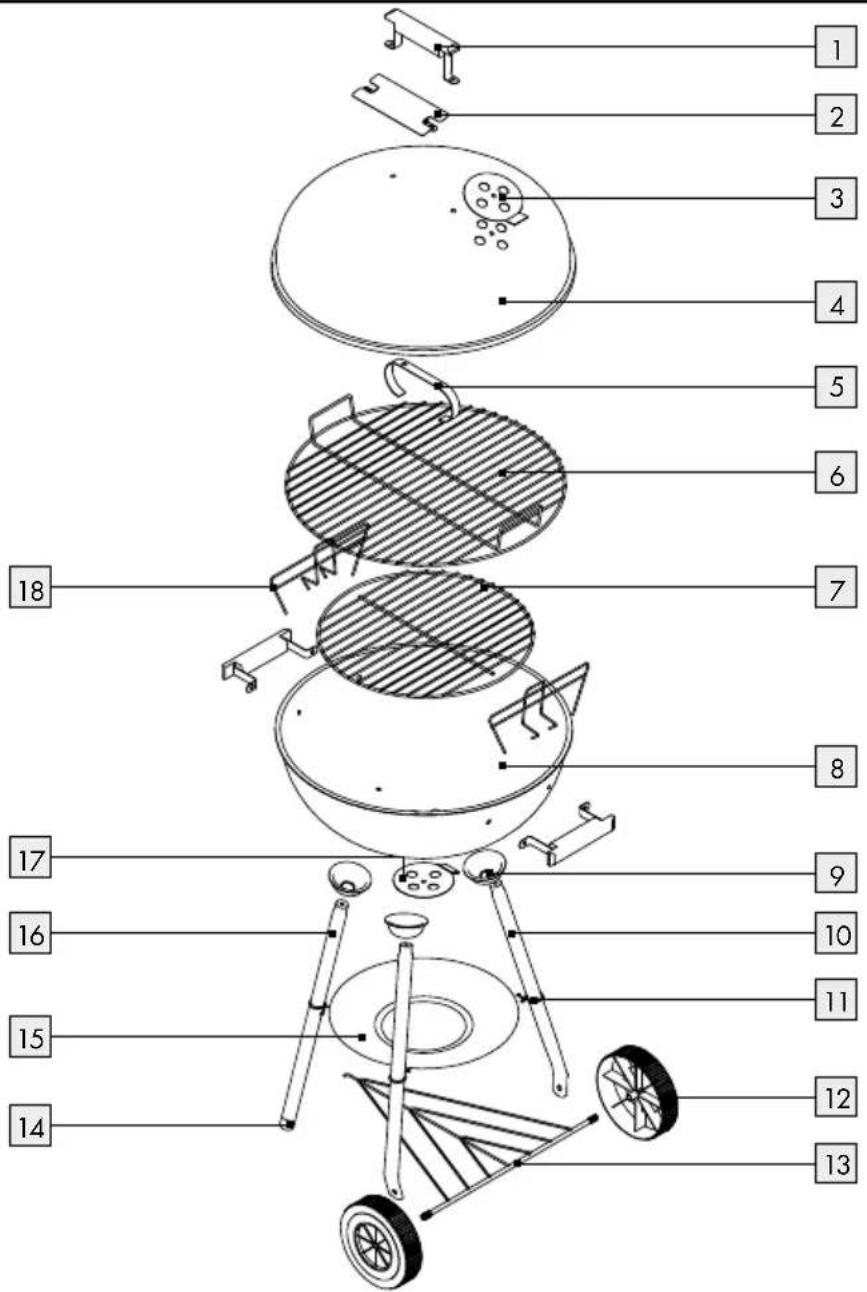 Labeled diagram of a 18-pin outdoor grill with numbered parts for identification