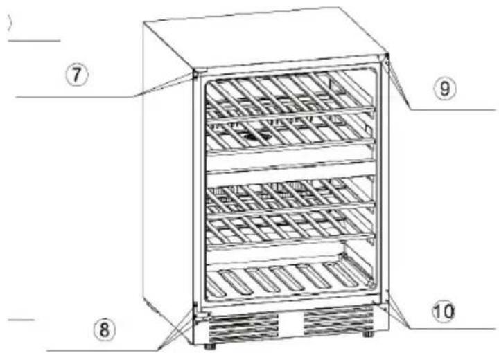 Technical diagram of a multi-level refrigerator with numbered labels pointing to different compartments.