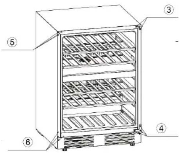Technical diagram of a multi-level refrigerator with numbered labels pointing to different compartments.