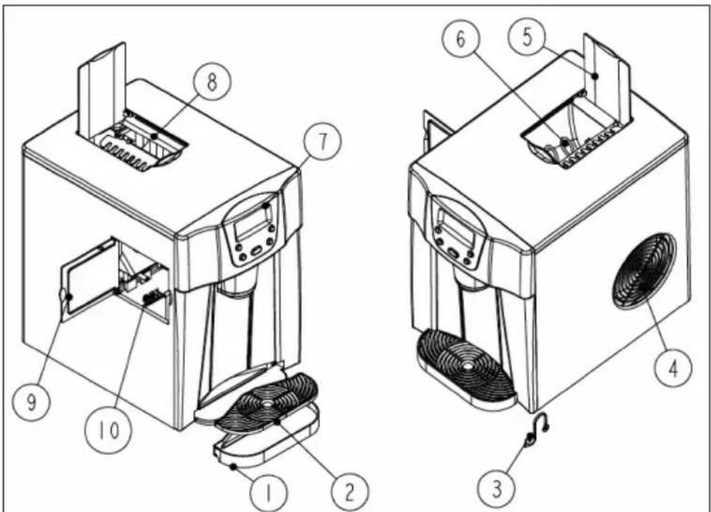 Technical diagram of a device with numbered components, showing internal layout and labeled parts for assembly or maintenance.