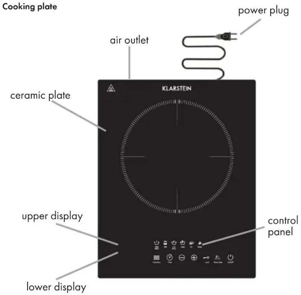 Cooking plate power plug air outlet KLARSTEIN ceramic plate control panel upper display lower display