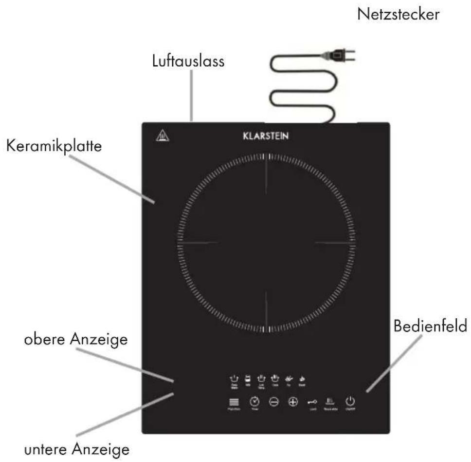 Netztecker Luftauslass Keramikplatte KLARSTEIN Bedienfeld obere Anzeige untere Anzeige
