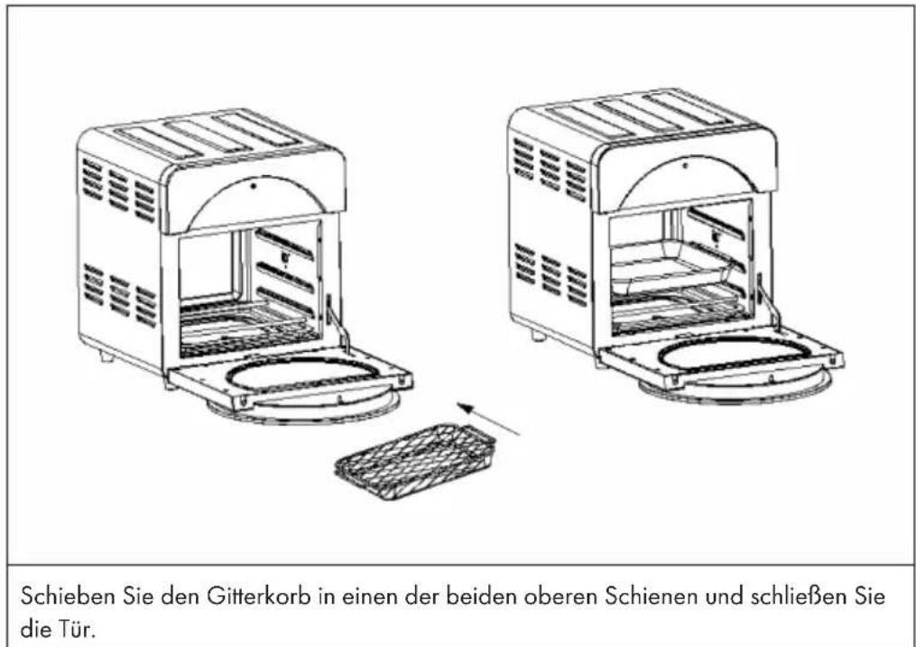Schieben Sie den Gitterkorb in einen der beiden oberen Schienen und schließen Sie die Tür.