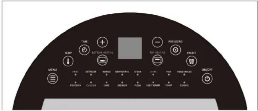 TIME TEMP BOTTOM HEATING TOP HEATING ROTISSERIE PRESET MENU FRESH DEFROST WINGS DEHYDRATE STEAK CHIPS FISH VEGETABLES POKCOM CHINESE CARE SREWER PIZZA REEP WARM TODAY COURSE ON/OFF