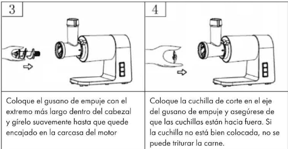 3 4 Coloque el gusano de empuje con el extremo más largo dentro del cabezal y gírelo suavemente hasta que quede encajado en la carcasa del motor Coloque la cuchilla de corte en el eje del gusano de empuje y asegúrese de que las cuchillas están hacia fuera. Si la cuchilla no está bien colocada, no se puede triturar la carne.