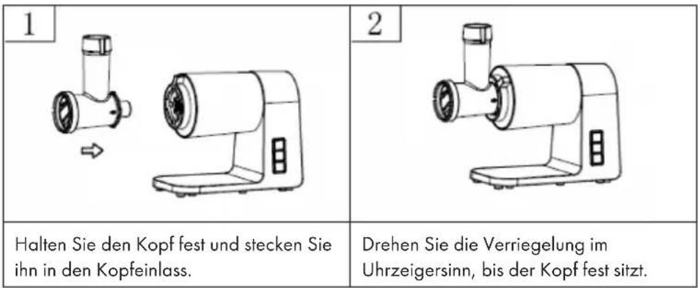 1 2 Halten Sie den Kopf fest und stecken Sie ihn in den Kopfeinlass. Drehen Sie die Verriegelung im Uhrzeigersinn, bis der Kopf fest sitzt.