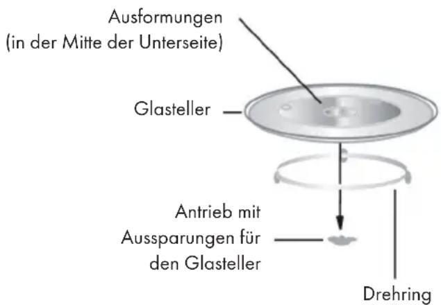 Ausformungen (in der Mitte der Unterseite) Glasteller Antrieb mit Aussparungen für den Glasteller Drehring