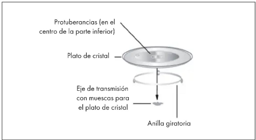 Protuberancias (en el centro de la parte inferior) Plato de cristal Eje de transmisión con muescas para el plato de cristal Anilla giratoria