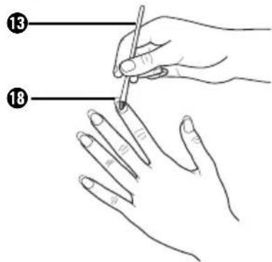Illustration showing a hand holding a pen with labeled points 13 and 18 indicating specific finger positions.