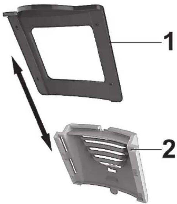 Technical diagram showing two views of a mechanical component with numbered parts and directional arrows indicating movement.
