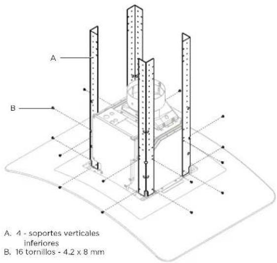 A. 4 - soportes verticales inferiores B. 16 tornillos - 4.2 x 8 mm