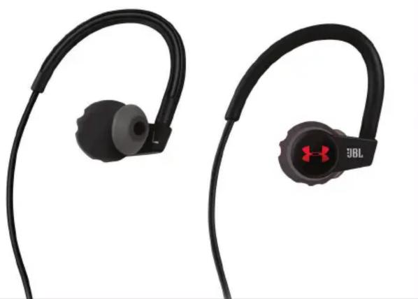 Pair of black outdoor earbuds with black straps and a red 'JBL' logo, shown against white background (no text or symbols on devices)