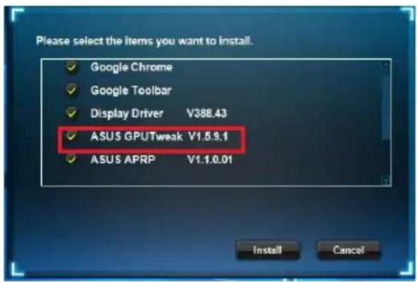 請選擇您要安裝的項目。 Google Chrome Google Toolbar 顯示驅動程式 V388.43 ASUS GPU Tweak V1.8.9.1 ASUS APRP V1.1.0.01 安裝 取消