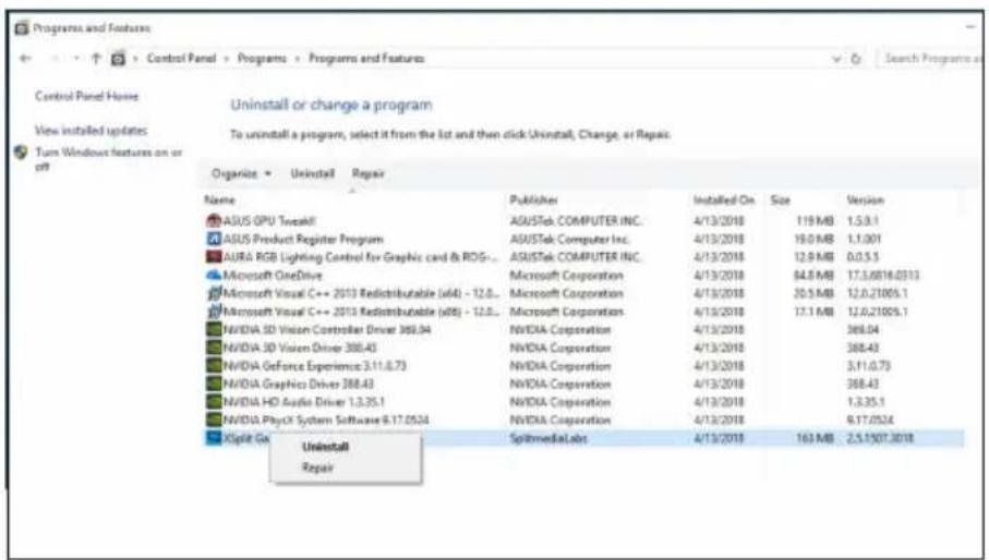 控制面板主页 查看已安装的更新 打开或关闭 Windows 功能 卸载或更改程序 要卸载程序,请从列表中选择它,然后点击“卸载”、“更改”或“修复”。 组织 卸载 修复 名称 发布者 安装日期 大小 版本 ASUS GPU Treadfall ASUSTek COMPUTER INC. 4/13/2018 119 MB 1.5.3.1 ASUS Product Register Program ASUSTek Computer Inc. 4/13/2018 15.0 MB 1.1.001 AURA RGB Lighting Control for Graphic card & ROS... M…