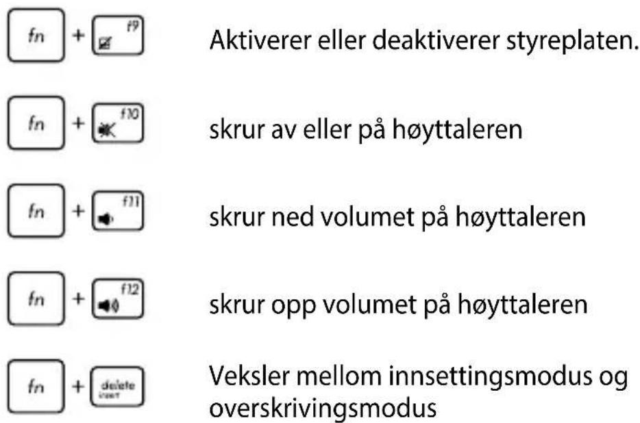Aktiverer eller deaktiverer styreplaten. fsn + f10 skrur av eller på høyttaleren fsn + f11 skrur ned volumet på høyttaleren fsn + f12 skrur opp volumet på høyttaleren fsn + delete Veksler mellom innsettingsmodus og overskrivingsmodus