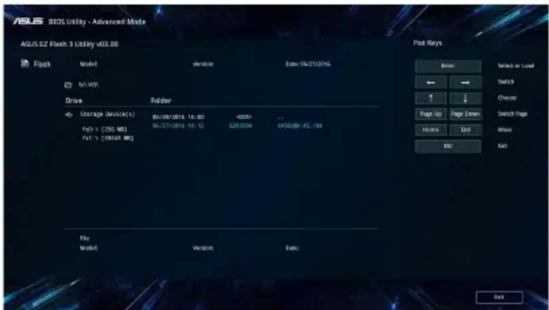ASUS BIOS Utility - Advanced Mode AGUS EZ Flash 3 Utility v03.80 Flash Model Version: Date: 04/21/00% File By IM5 Drive Folder Storage Device(s) 66/28/2016 16:00 66/27/2016 16:12 G293504 G450JBK-AS_184 File Model Version: Date: Hot Keys Drive Select or Load Switch Change Page Up Page Down Switch Page Home End Exit
