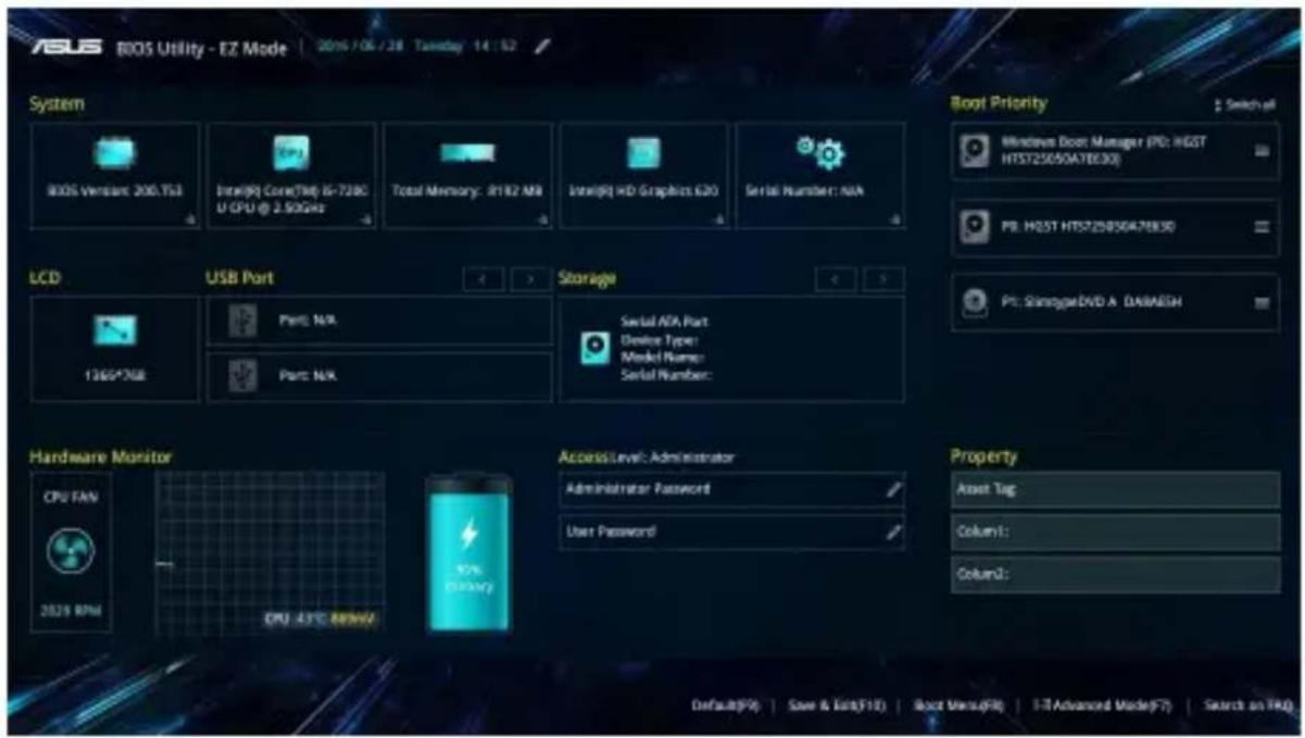 ASUS 805 Utility - EZ Mode | 2016/06/28 Tuesday 14:52 System 805S Version: 200.TS3 Intel® Core(TM) IS-728C U CPU @ 2.50GHz Total Memory: JF192 MB Intel® HD Graphics E2G Serial Number: N/A LCD USB Port Storage Serial ADA Part Device Type: Model Name: Serial Number: Hardware Monitor CPU FAN 2024 RPM CPU 43°C 48MHz Access Level: Administrator Administrator Password User Password Property Asset Tag: Column1: Column2: Default(Fa) Save & Exit(F10) Boot Menu(F8) I-T Advanced Mode(F7) Search on TRQ