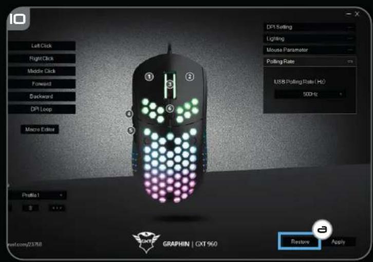 DPI Setting Lighting Mouse Parameter Polling Rate USB Polling Rate (H2) 500Hz Profile 1 Graphin | GXT 960 Restore Apply
