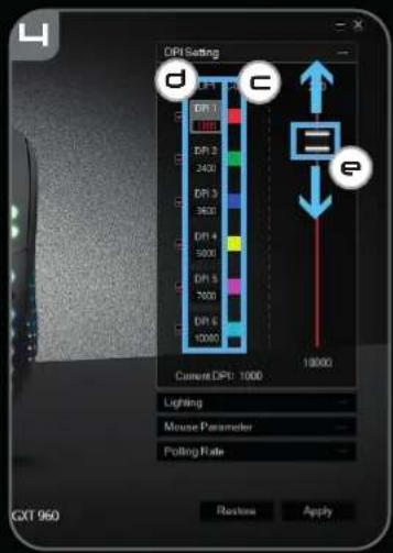 DPI Setting DPI 1 100 DPI 2 240 DPI 3 360 DPI 4 5000 DPI 5 7000 DPI 6 10000 Current: DPI: 1000 19000 Lighting Mouse Parameter Polling Rate CXT 960 Refresh Apply