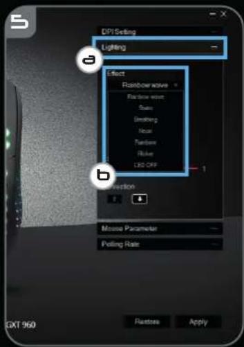 DPI Setting Lighting Effect Rainbow wave Window work Saws Greening Noise Window Noise LED OFF 1 Direction Mouse Parameter Polling Rate GXT 960 Restless Apply
