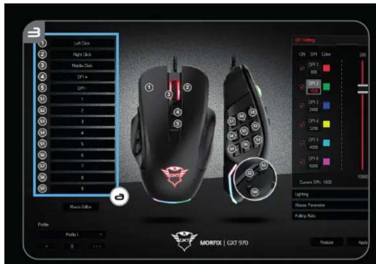 Left Click Right Click Middle Click DPI + DPI - 1 2 3 4 5 6 7 8 9 DPI DPI 1 100 DPI 2 2400 DPI 3 2000 DPI 4 3200 DPI 5 4000 DPI 6 5200 Current DPI: 1600 Lighting Mouse Parameter Pulling Rata Profile Profile 1 MORFIX | GXT 970 Restore Apply