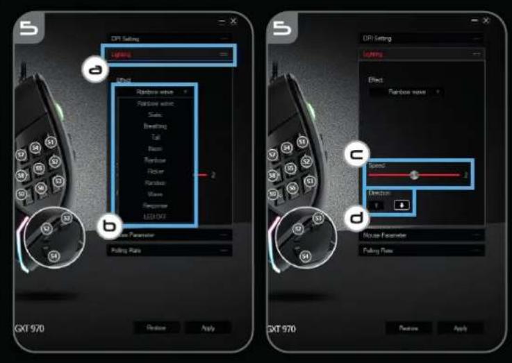 DPI Setting Lighting Effect Random wave Random wave Size Breathing Tail Rash Random Rotor Random Wave Response LED OUT Noise Parameter Pulling Rate DPI Setting Lighting Effect Random wave Speed Direction Noise Parameter Pulling Rate GXT 970 Remove Apply GXT 970 Remove Apply