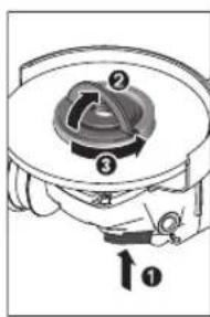 Technical diagram of a mechanical device with numbered components and directional arrow labeled '↑o'