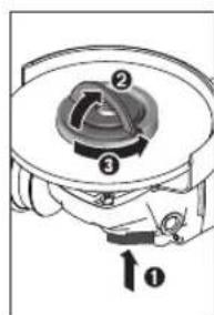 Technical diagram of a mechanical component with numbered parts and directional arrow labeled 'O'