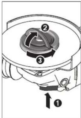 Diagram of a mechanical device with numbered components and directional arrows, labeled ① and ②