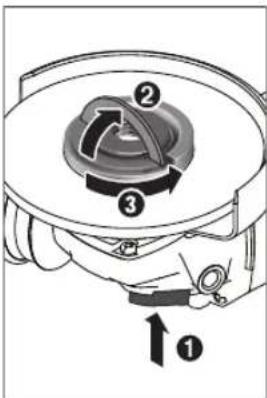 Diagram of a mechanical device with numbered components and directional arrows indicating motion or rotation.